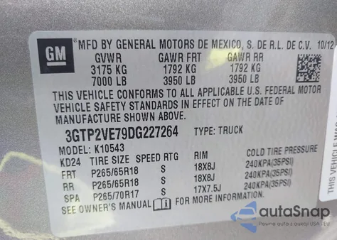 2013 GMC Sierra 1500 Sle z USA, uszkodzony, nr VIN 3GTP2VE79DG227264